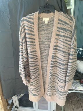 Jessica Simpson Fuzzy Open-Front Zebra Cardigan - Beige and Gray